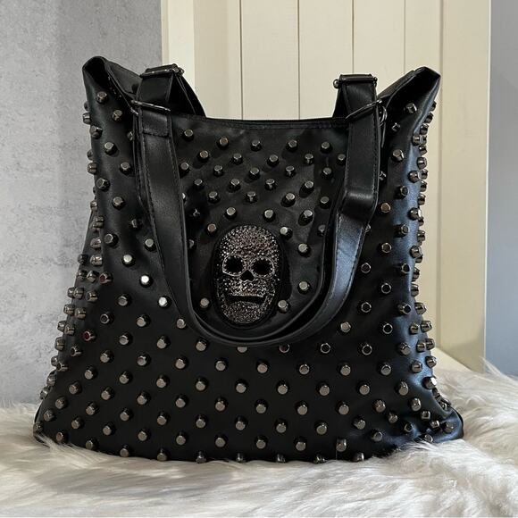 NEW Upside Down Goth Crystal Skull Stud Faux Leather Moto Backpack Shoulder Bag - Picture 1 of 16